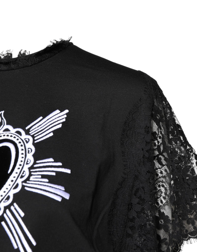 Black Lace Sheer Sacred Heart Crew Neck Top Dolce & Gabbana