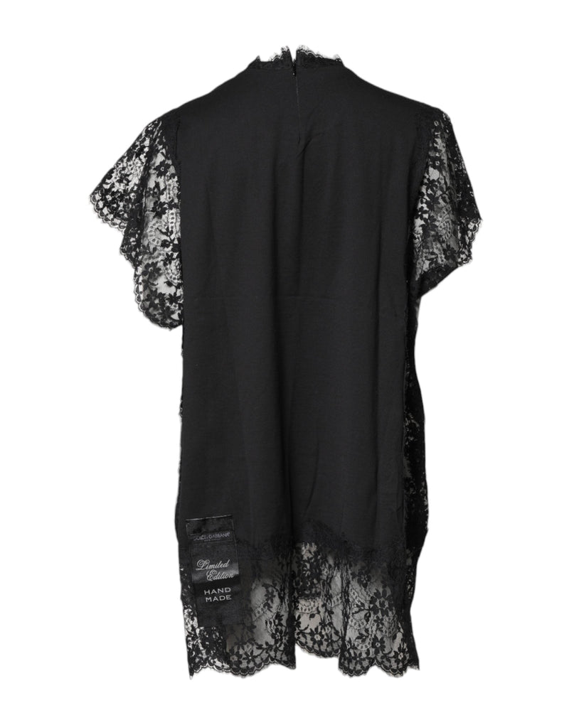 Black Lace Sheer Sacred Heart Crew Neck Top Dolce & Gabbana