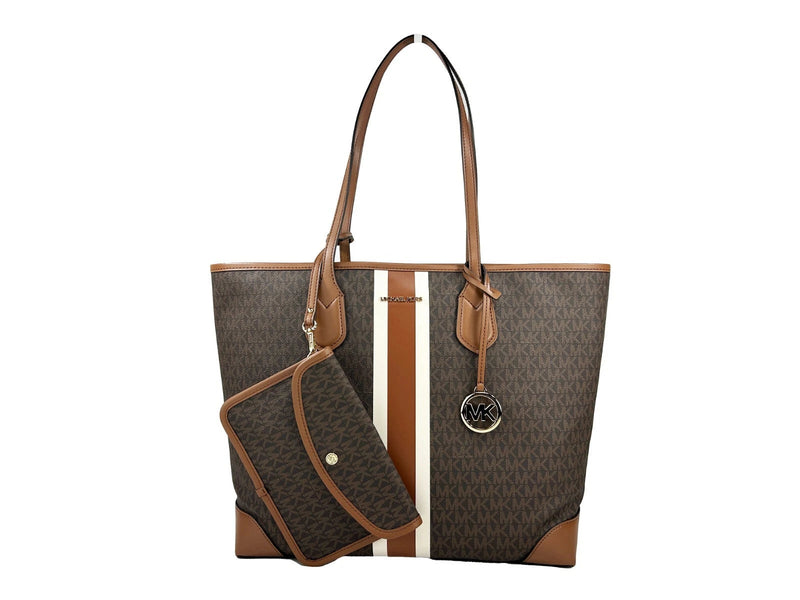 Eva Large Stripe Travel Tote Bag Plus Pouch Brown Michael Kors