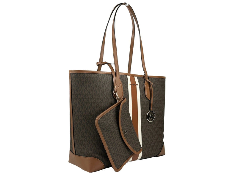Eva Large Stripe Travel Tote Bag Plus Pouch Brown Michael Kors