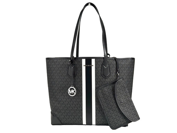 Eva Large Stripe Travel Tote Bag Plus Pouch Black Michael Kors