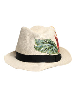 Beige Floral Print Straw Wide Brim Fedora Hat Dolce & Gabbana