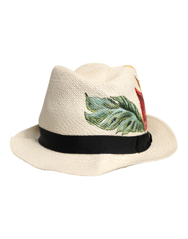Beige Floral Print Straw Wide Brim Fedora Hat Dolce & Gabbana