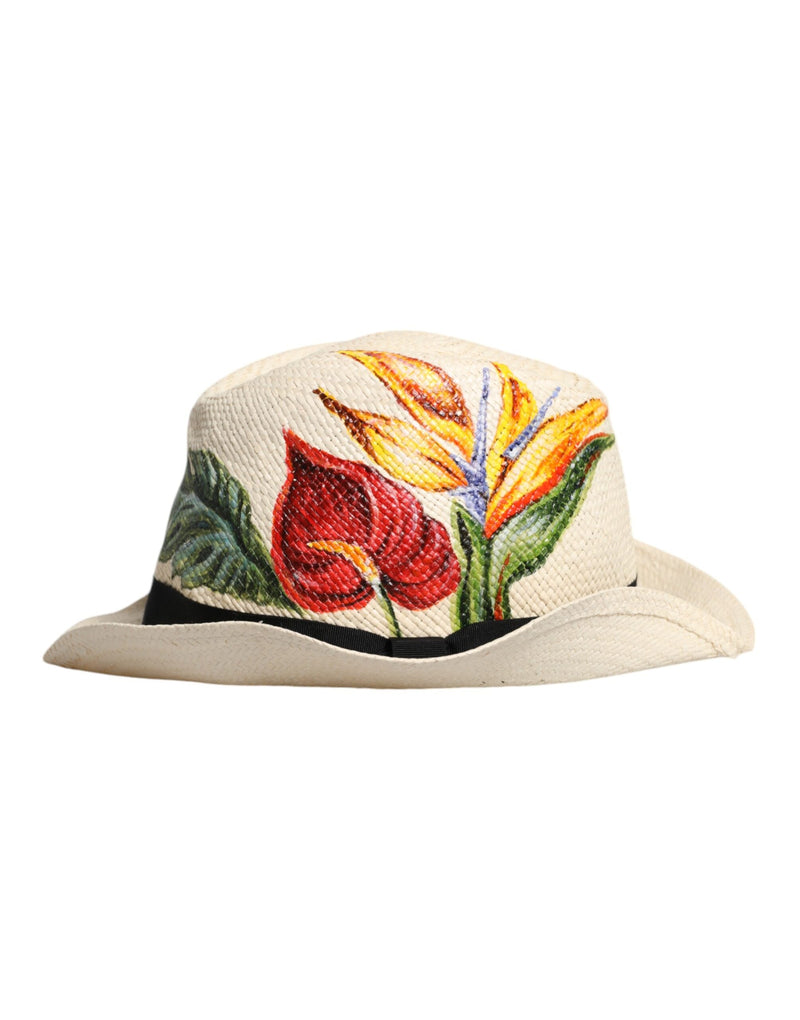 Beige Floral Print Straw Wide Brim Fedora Hat Dolce & Gabbana