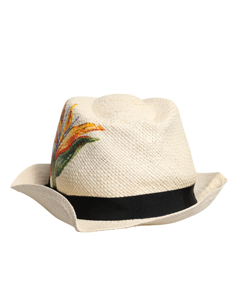 Beige Floral Print Straw Wide Brim Fedora Hat Dolce & Gabbana
