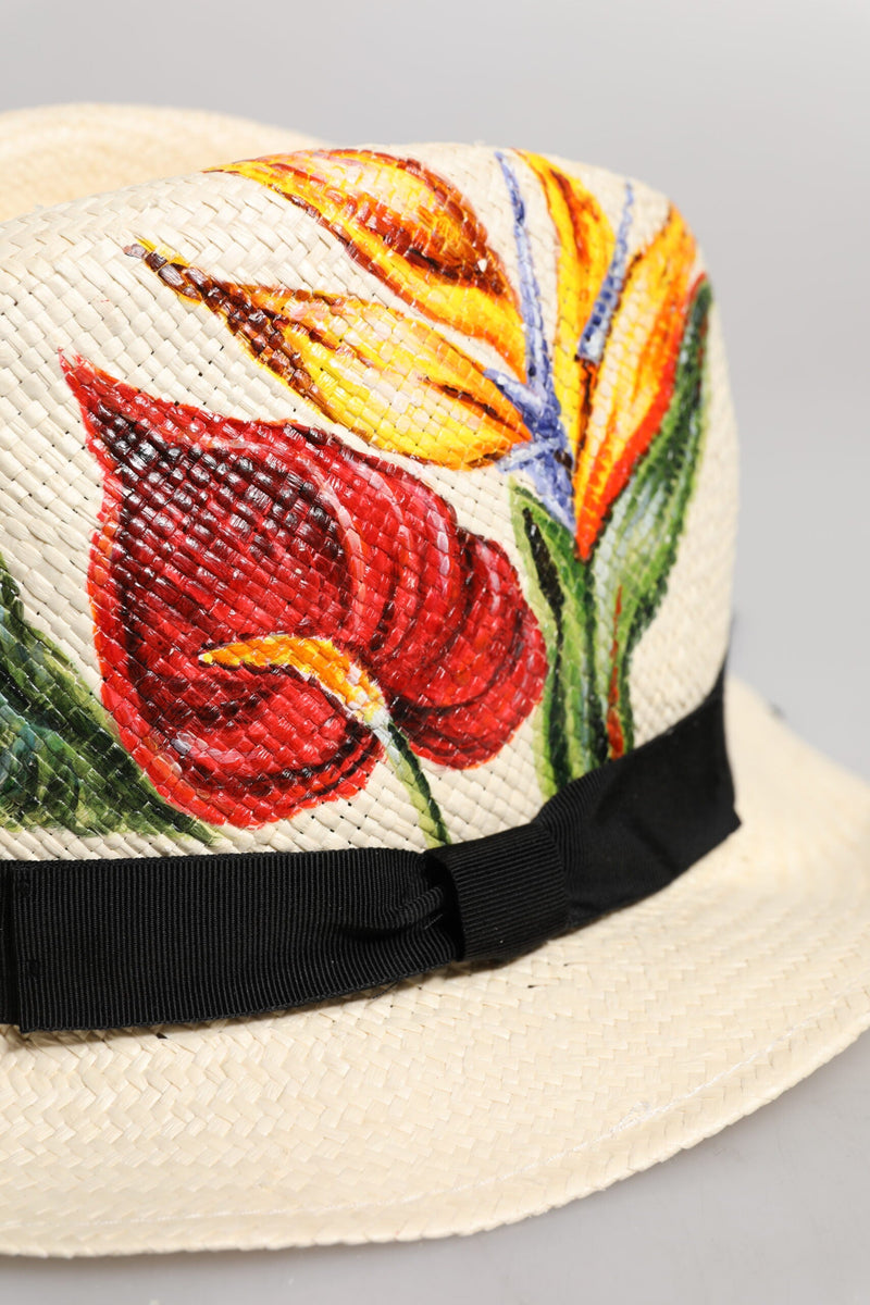 Beige Floral Print Straw Wide Brim Fedora Hat Dolce & Gabbana