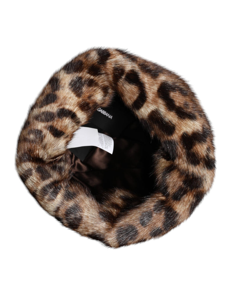 Brown Leopard Faux Fur Women Bucket Hat Dolce & Gabbana