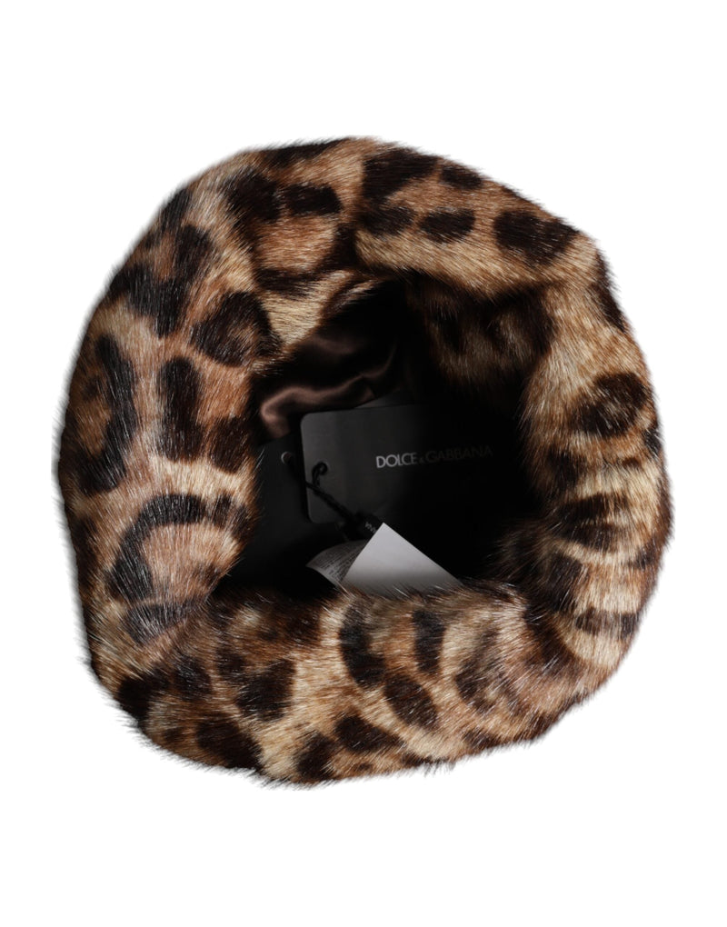 Brown Leopard Faux Fur Women Bucket Hat Dolce & Gabbana