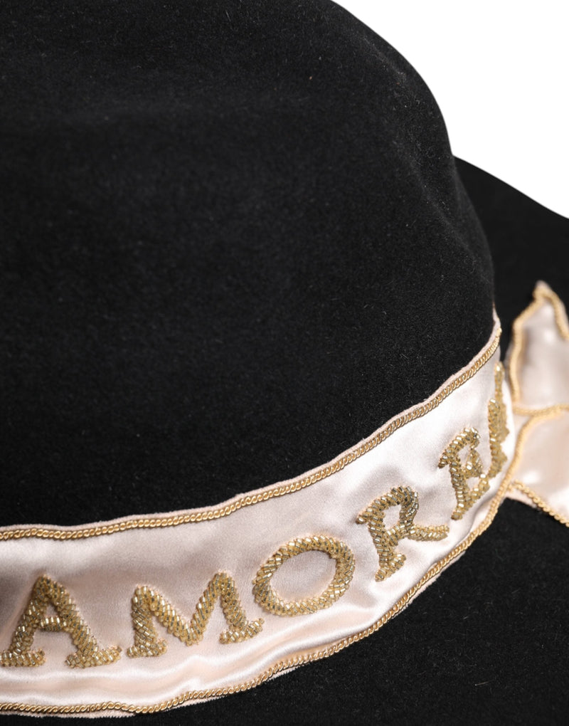 Black Logo Sequin Embroidery Wide Brim Hat Dolce & Gabbana