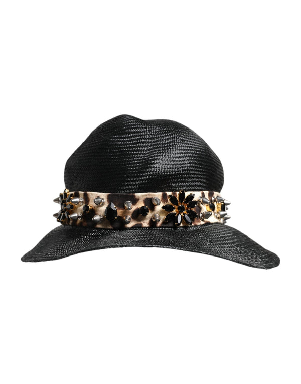 Black Straw Crystal Embellished Wide Brim Hat Dolce & Gabbana