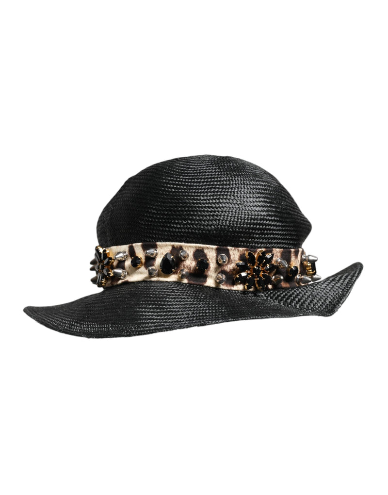 Black Straw Crystal Embellished Wide Brim Hat Dolce & Gabbana