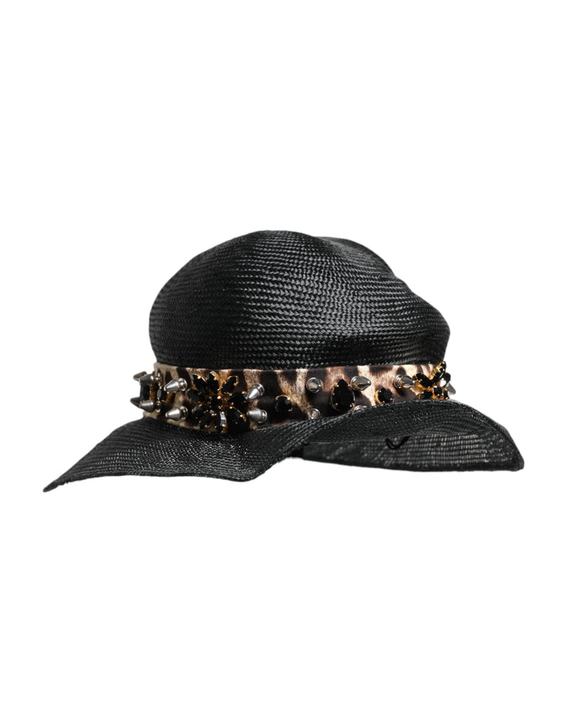 Black Straw Crystal Embellished Wide Brim Hat Dolce & Gabbana