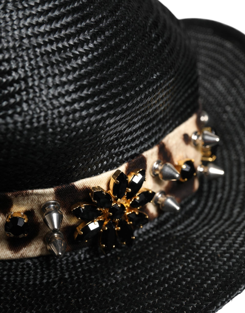 Black Straw Crystal Embellished Wide Brim Hat Dolce & Gabbana