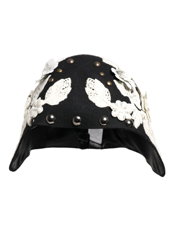 Black Wool White Floral Gold Leaf Cloche Hat Dolce & Gabbana