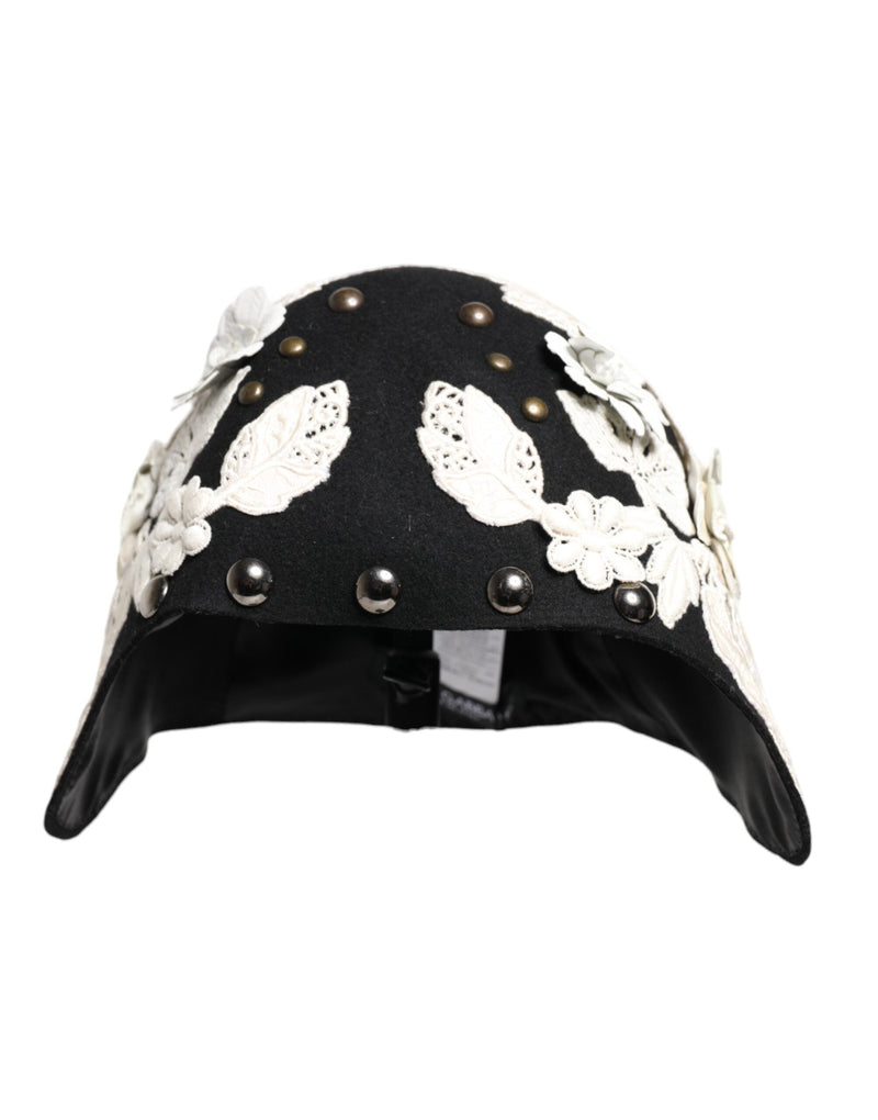 Black Wool White Floral Gold Leaf Cloche Hat Dolce & Gabbana