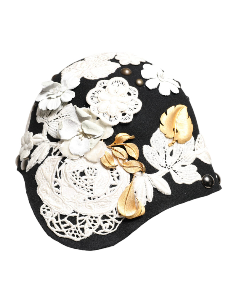 Black Wool White Floral Gold Leaf Cloche Hat Dolce & Gabbana