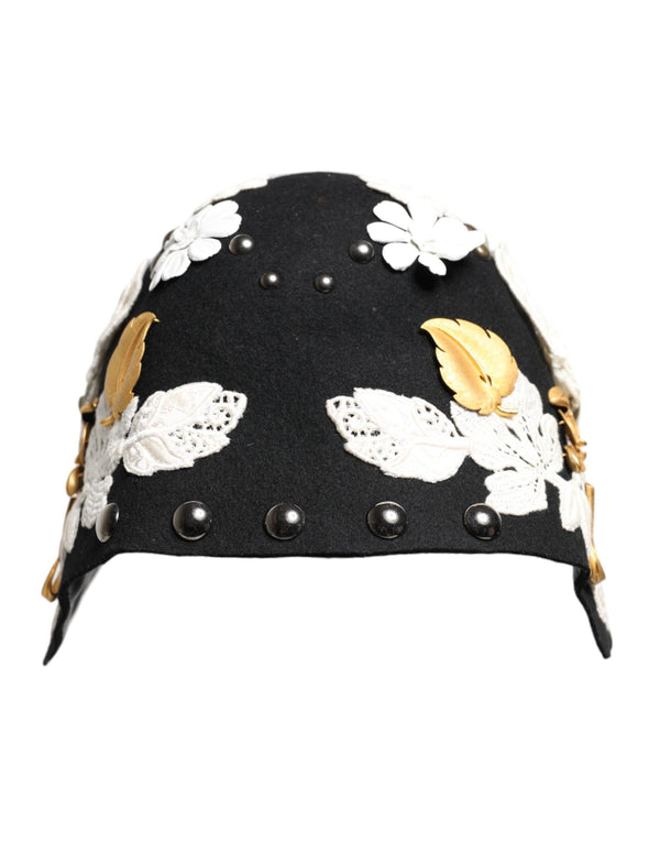 Black Wool White Floral Gold Leaf Cloche Hat Dolce & Gabbana