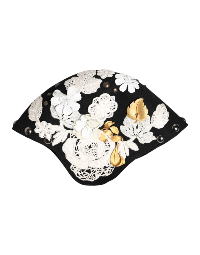 Black Wool White Floral Gold Leaf Cloche Hat Dolce & Gabbana