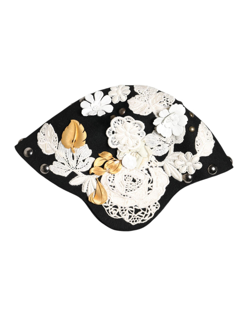 Black Wool White Floral Gold Leaf Cloche Hat Dolce & Gabbana