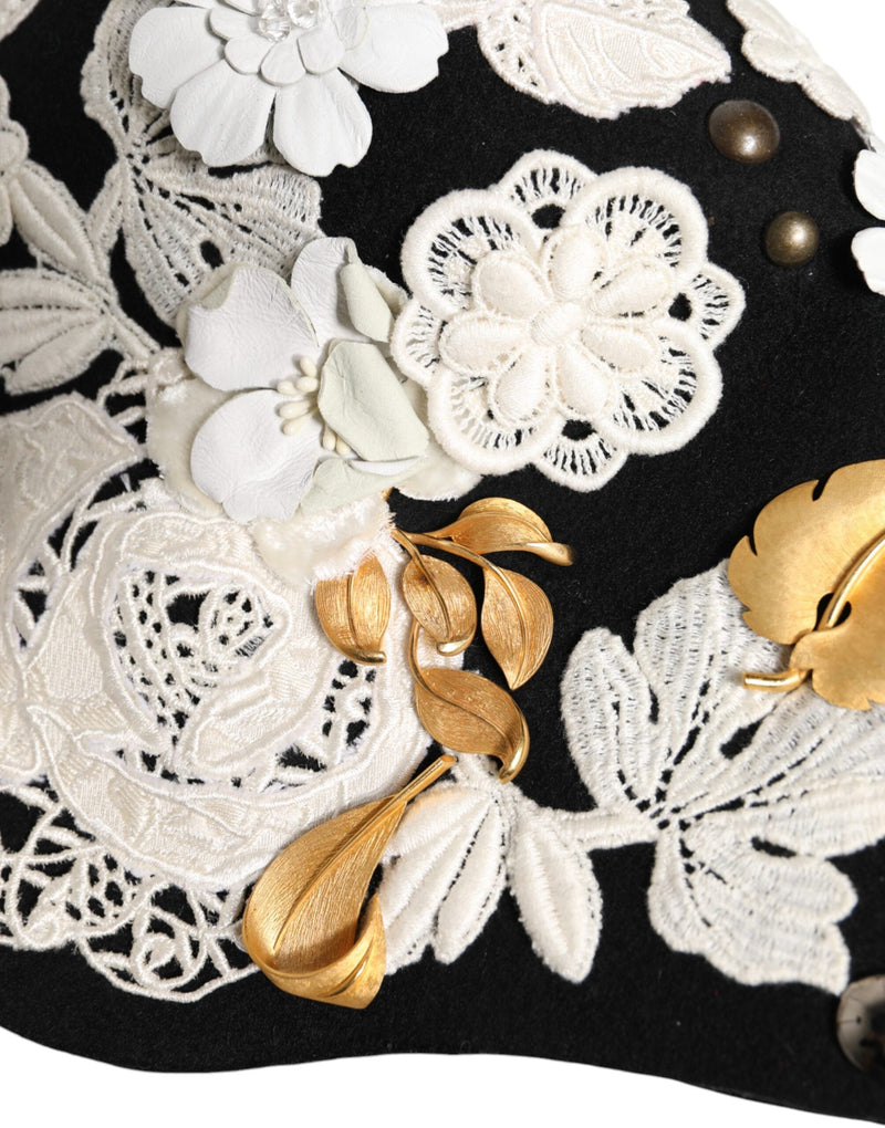 Black Wool White Floral Gold Leaf Cloche Hat Dolce & Gabbana