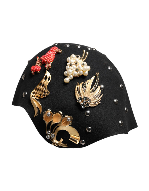 Black Wool Multicolor Embellished Cloche Hat Dolce & Gabbana
