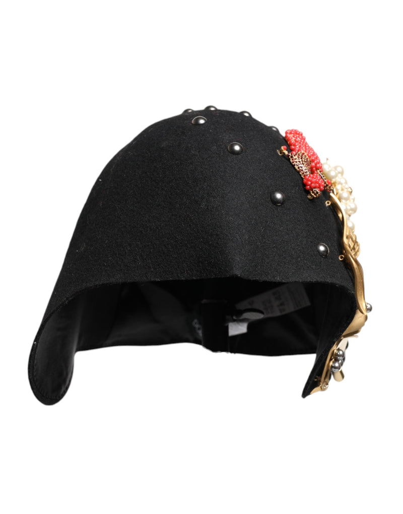 Black Wool Multicolor Embellished Cloche Hat Dolce & Gabbana