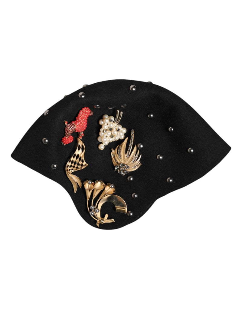 Black Wool Multicolor Embellished Cloche Hat Dolce & Gabbana