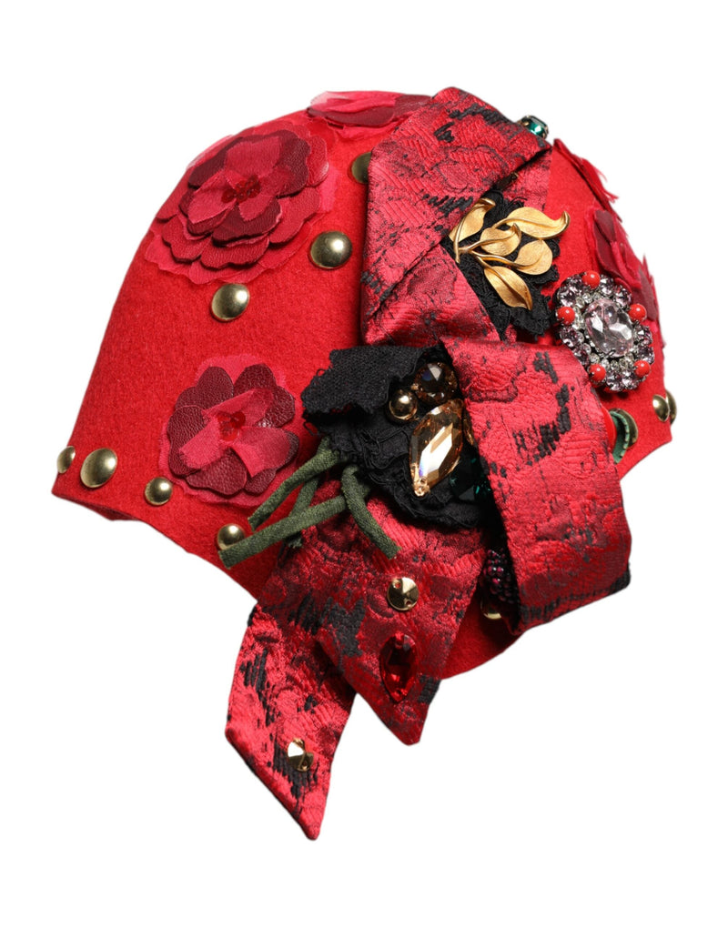 Red Crystal Gold Roses Brooch Embellished Hat Dolce & Gabbana