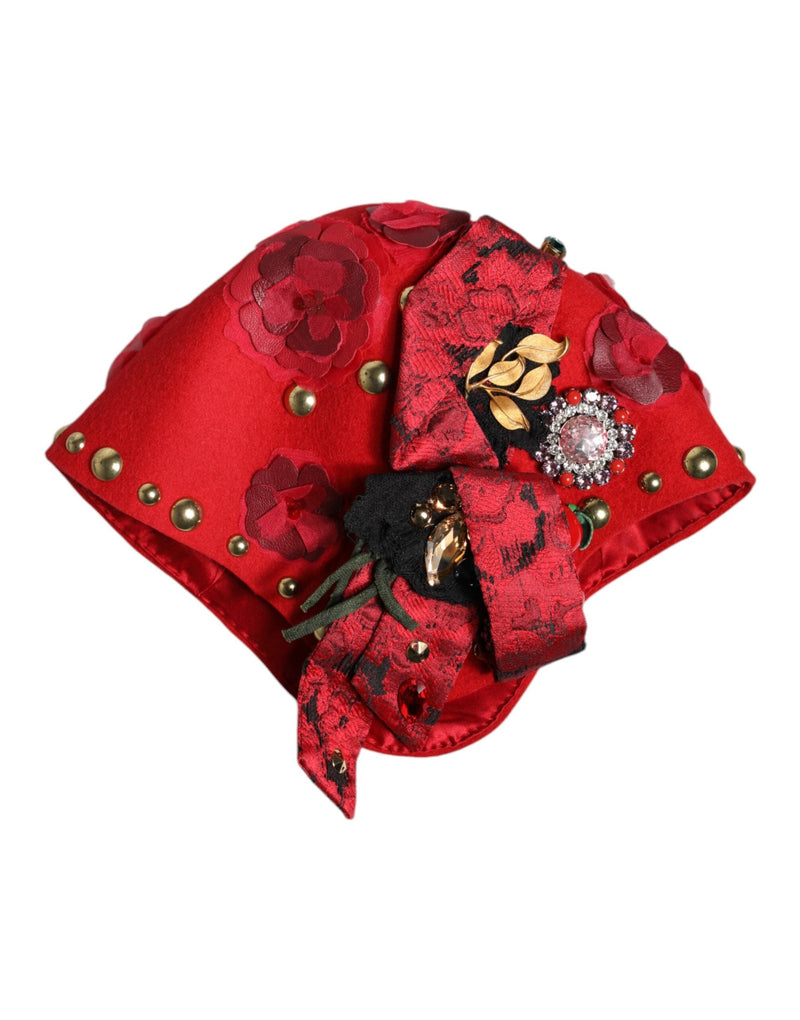 Red Crystal Gold Roses Brooch Embellished Hat Dolce & Gabbana