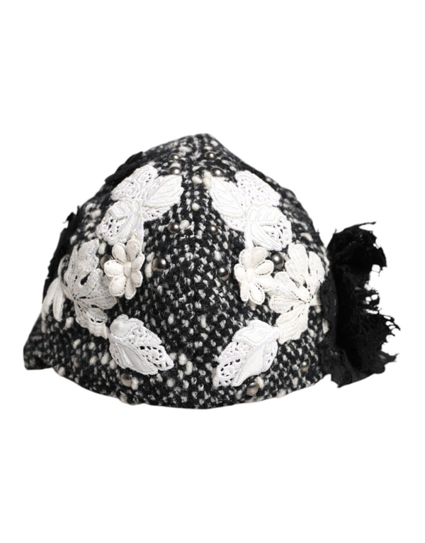 Black Wool White Floral Embellished Cloche Hat Dolce & Gabbana