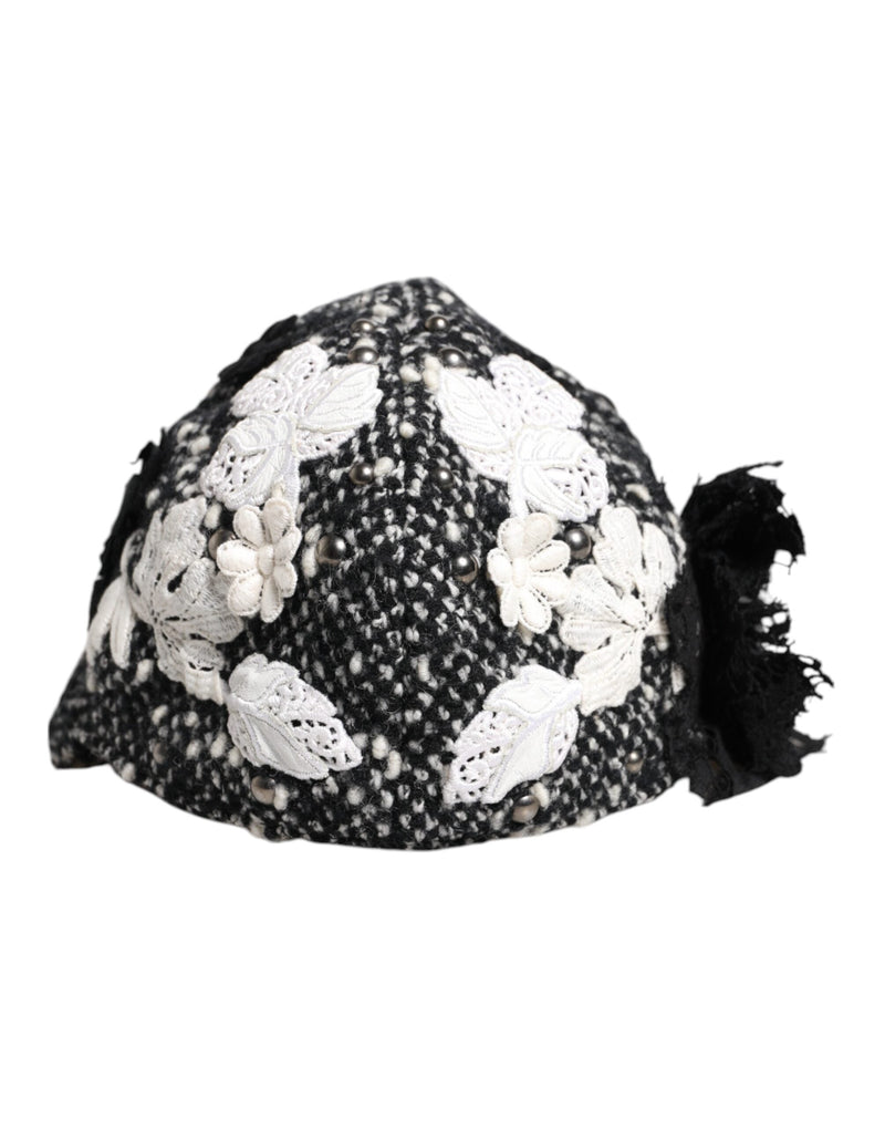 Black Wool White Floral Embellished Cloche Hat Dolce & Gabbana