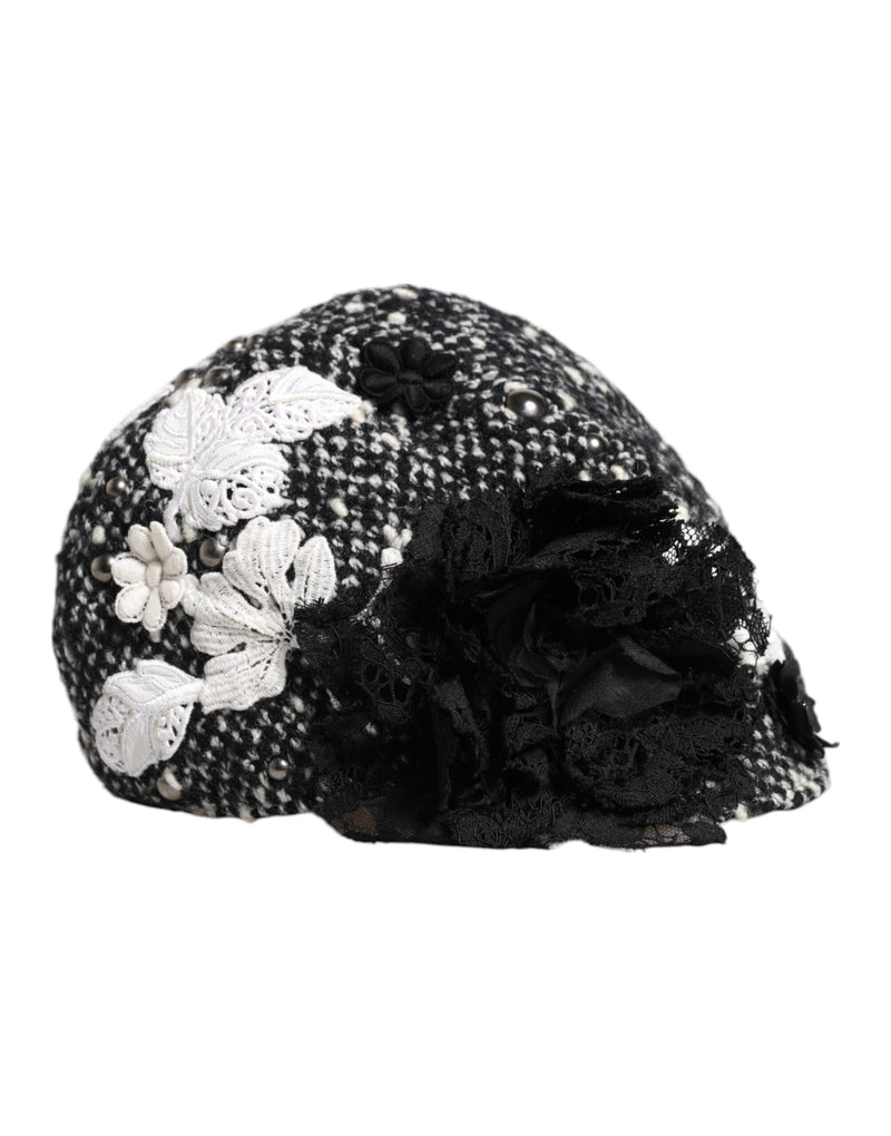 Black Wool White Floral Embellished Cloche Hat Dolce & Gabbana
