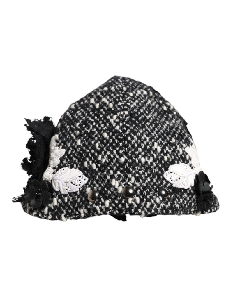 Black Wool White Floral Embellished Cloche Hat Dolce & Gabbana