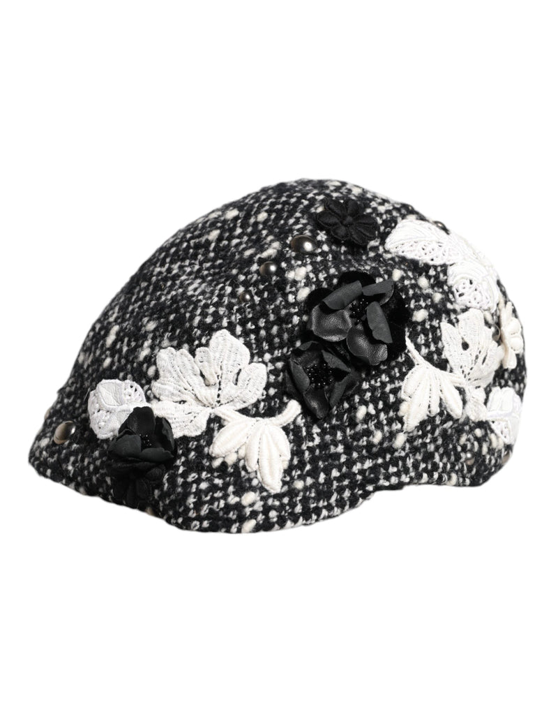Black Wool White Floral Embellished Cloche Hat Dolce & Gabbana