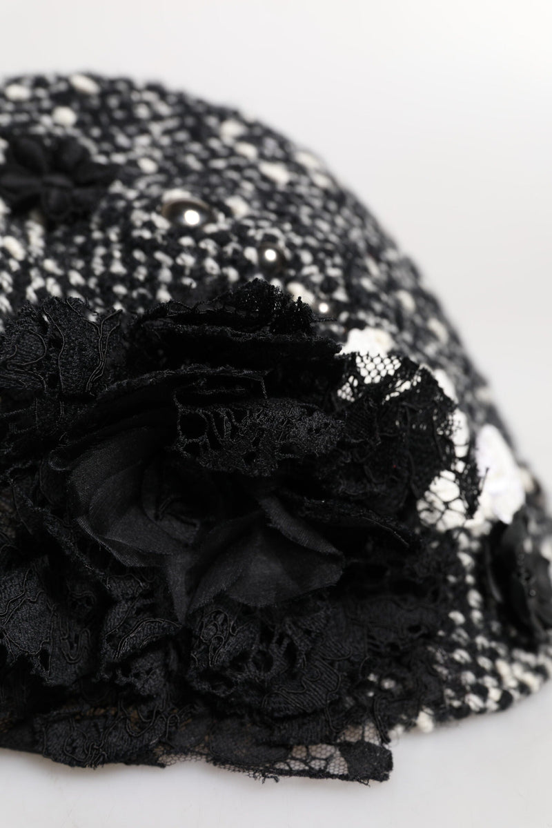 Black Wool White Floral Embellished Cloche Hat Dolce & Gabbana
