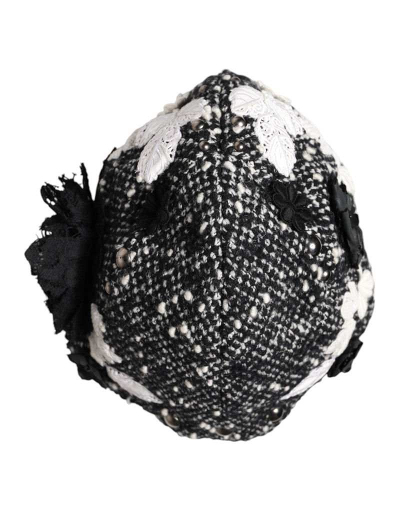Black Wool White Floral Embellished Cloche Hat Dolce & Gabbana