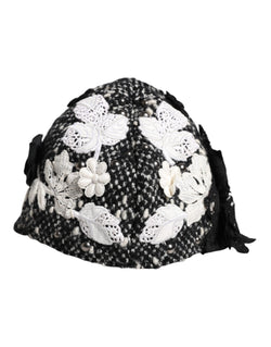 Black Wool White Floral Embellished Cloche Hat Dolce & Gabbana