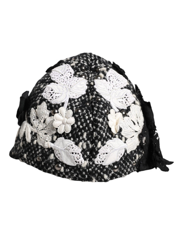 Black Wool White Floral Embellished Cloche Hat Dolce & Gabbana