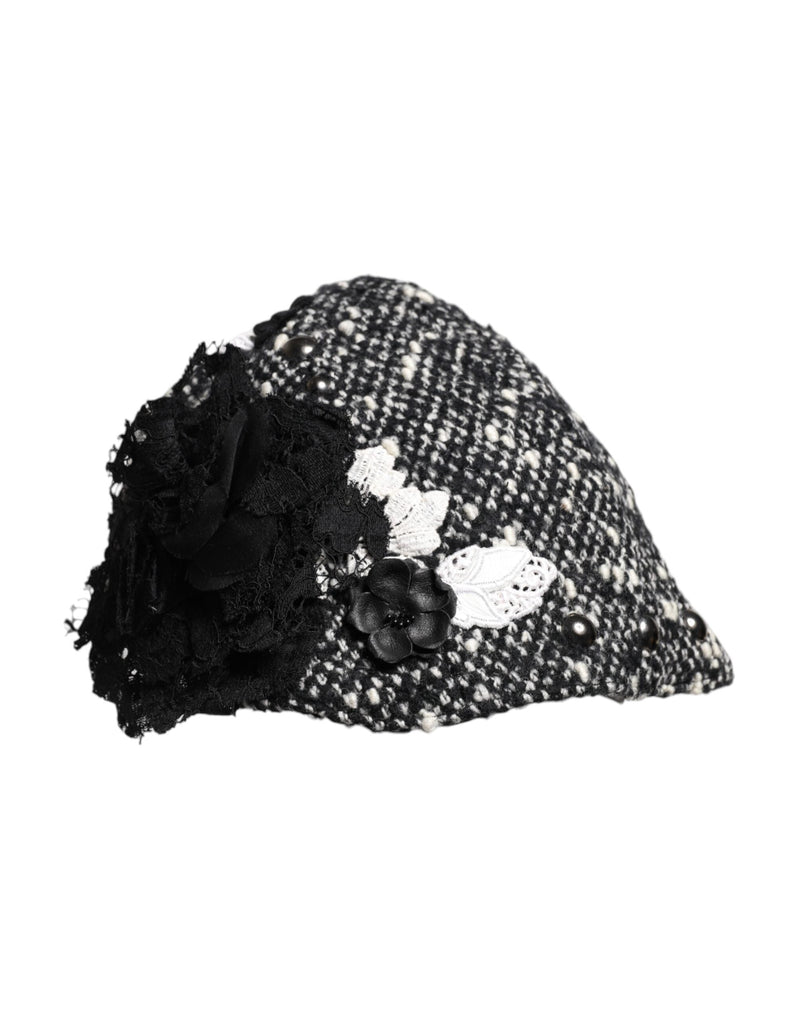 Black Wool White Floral Embellished Cloche Hat Dolce & Gabbana