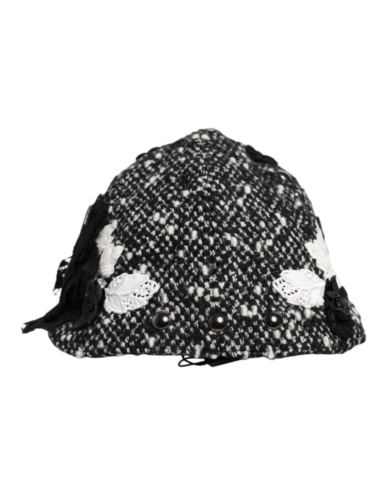 Black Wool White Floral Embellished Cloche Hat Dolce & Gabbana