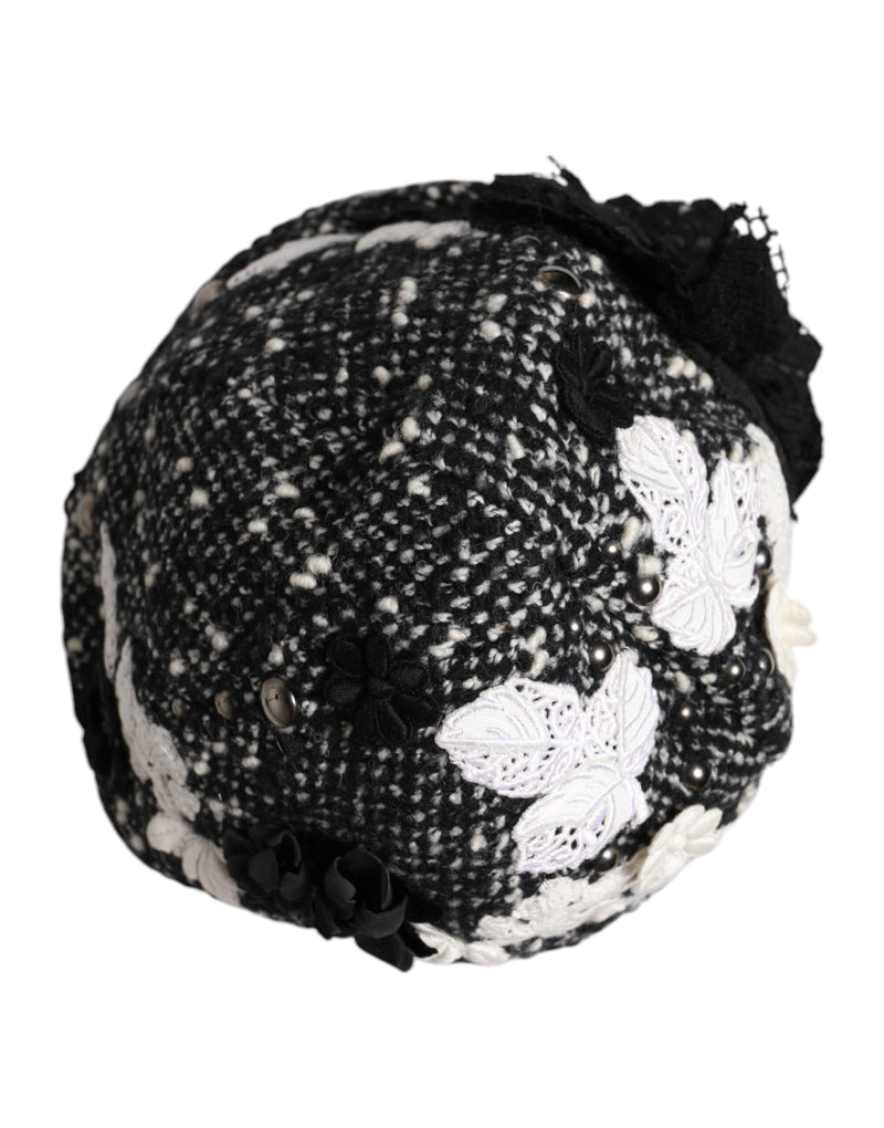 Black Wool White Floral Embellished Cloche Hat Dolce & Gabbana