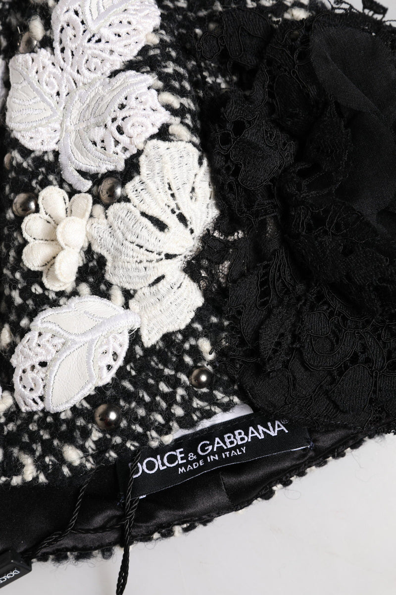 Black Wool White Floral Embellished Cloche Hat Dolce & Gabbana