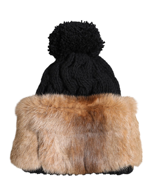 Black Brown Dyed Rabbit Real Fur Winter Beanie Hat Dolce & Gabbana