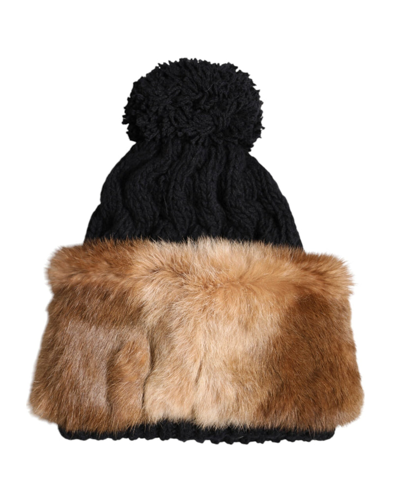 Black Brown Dyed Rabbit Real Fur Winter Beanie Hat Dolce & Gabbana