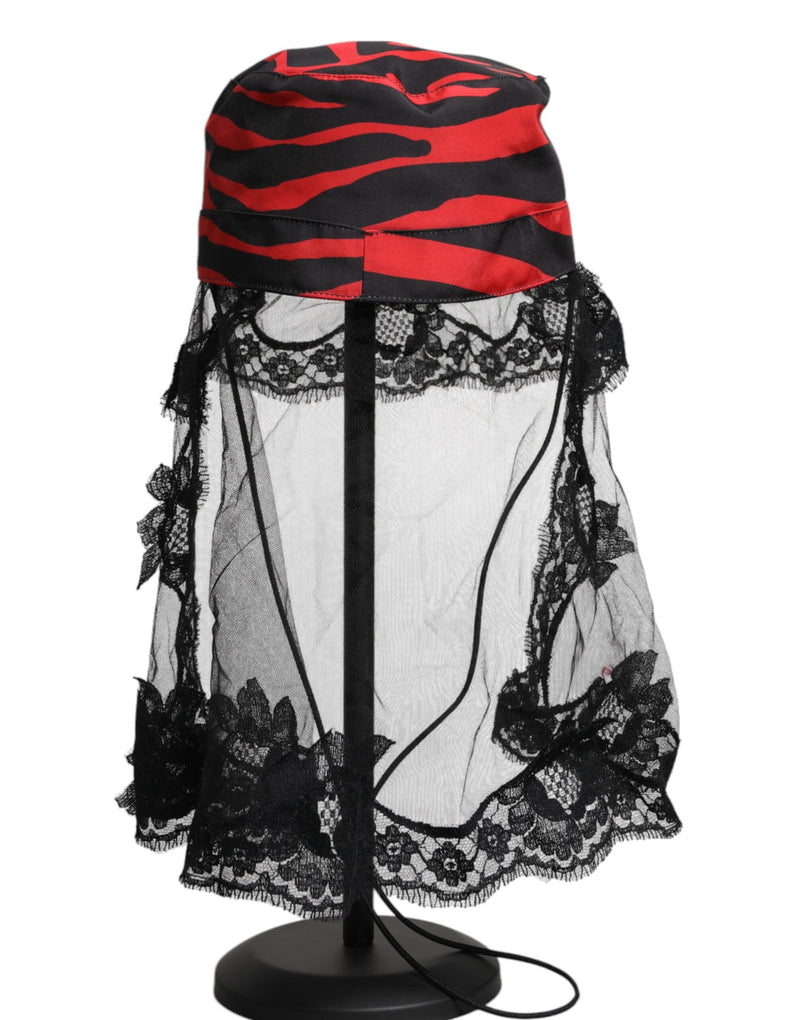 Black Red Stripes Lace Tulle Bucket Hat Dolce & Gabbana
