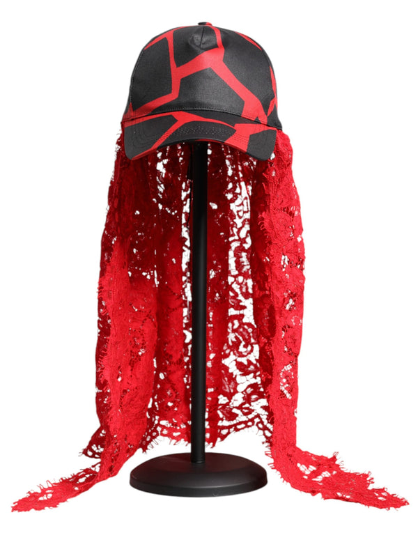 Red Black Lace Tulle Cotton Baseball Cap Dolce & Gabbana