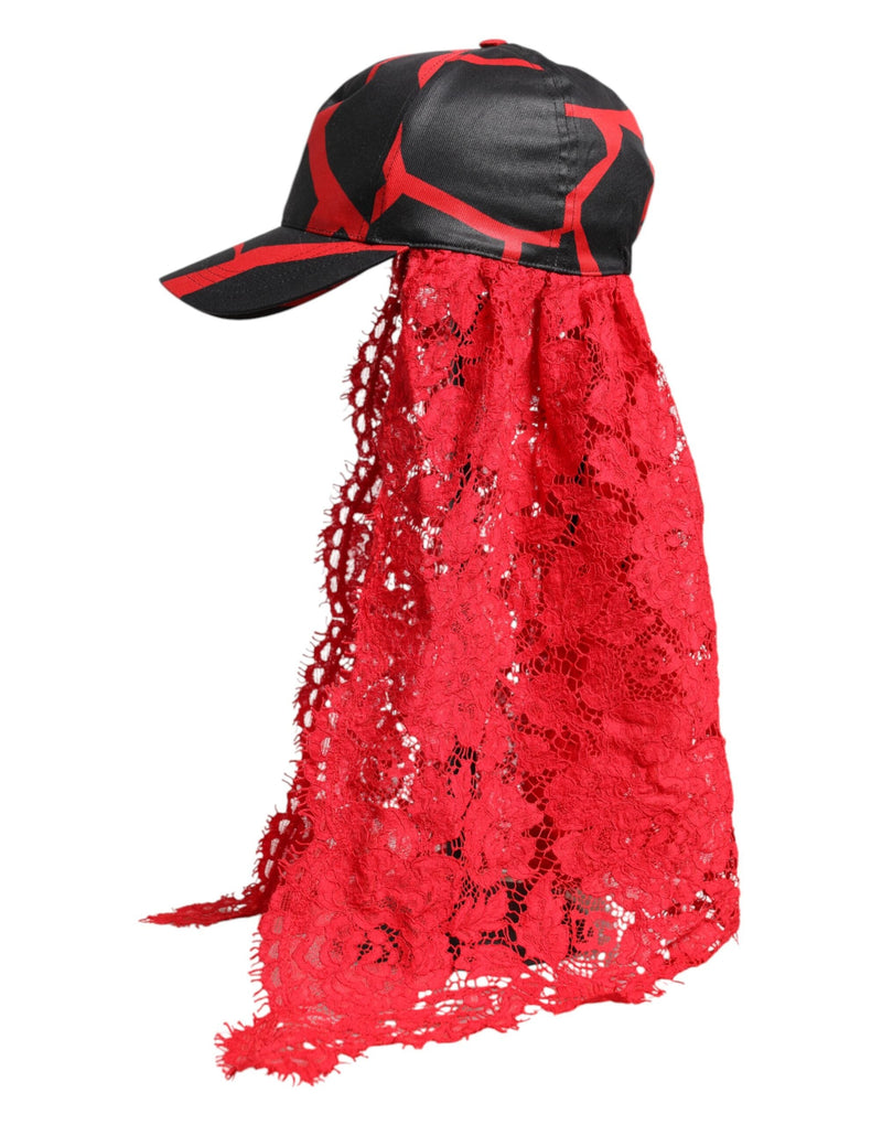 Red Black Lace Tulle Cotton Baseball Cap Dolce & Gabbana
