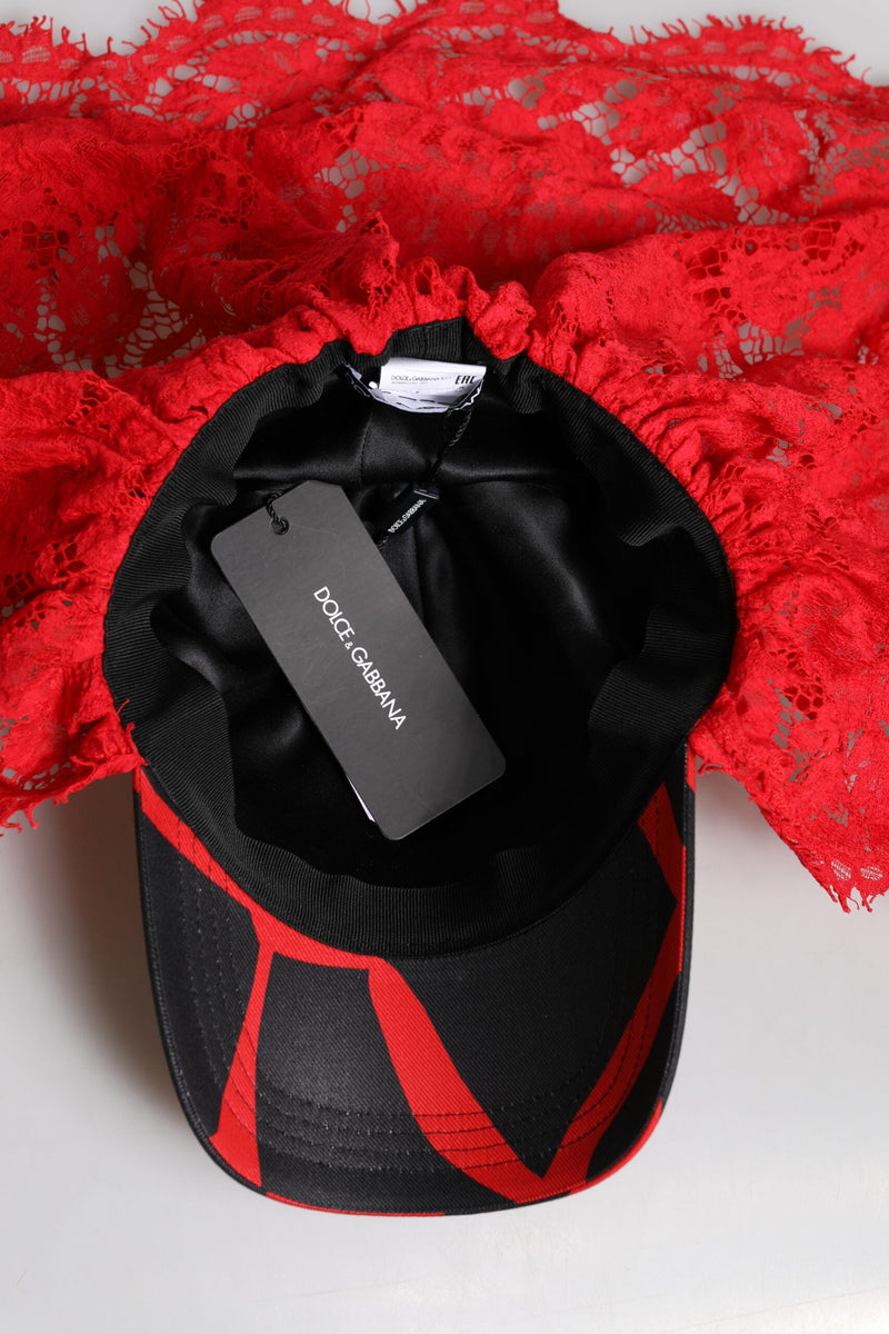 Red Black Lace Tulle Cotton Baseball Cap Dolce & Gabbana