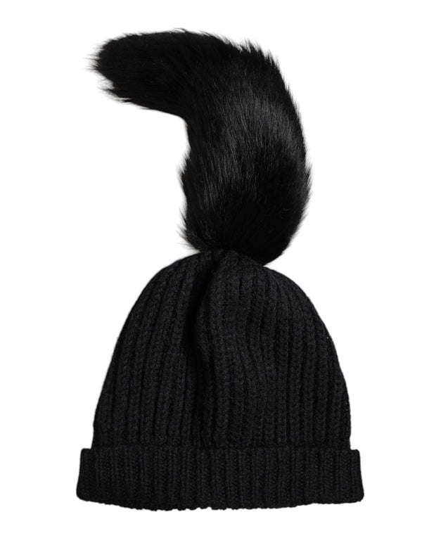 Black Acrylic Knitted Fur Winter Beanie Hat Dolce & Gabbana