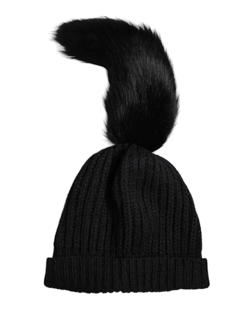 Black Acrylic Knitted Fur Winter Beanie Hat Dolce & Gabbana